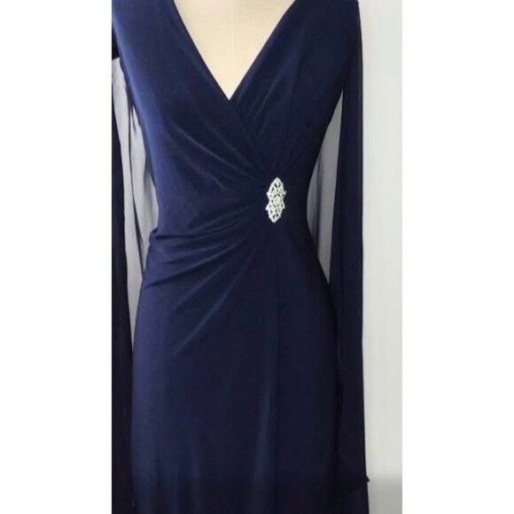 R&M Richards Womens Navy Blue Dress With Rhinestone Detail & Sheer Sleeves Style - Picture 8 of 10